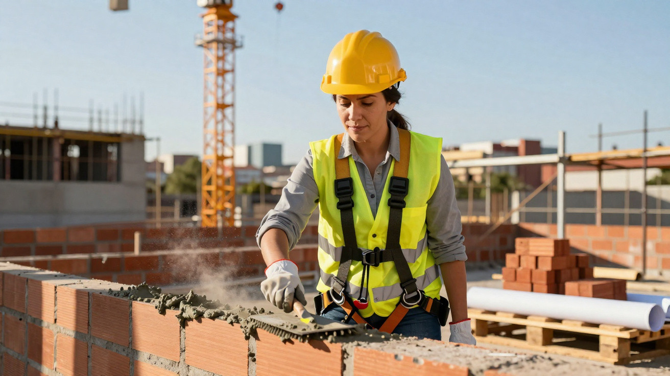 Mulher com colete amarelo e capacete a aplicar argamassa em parede de tijolos numa construção ao ar livre.