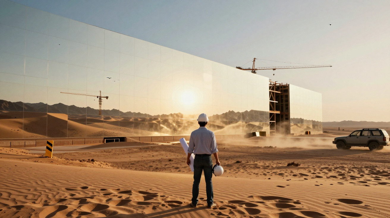 Homem com capacete e plantas observa construção com fachada espelhada no deserto durante o pôr do sol.