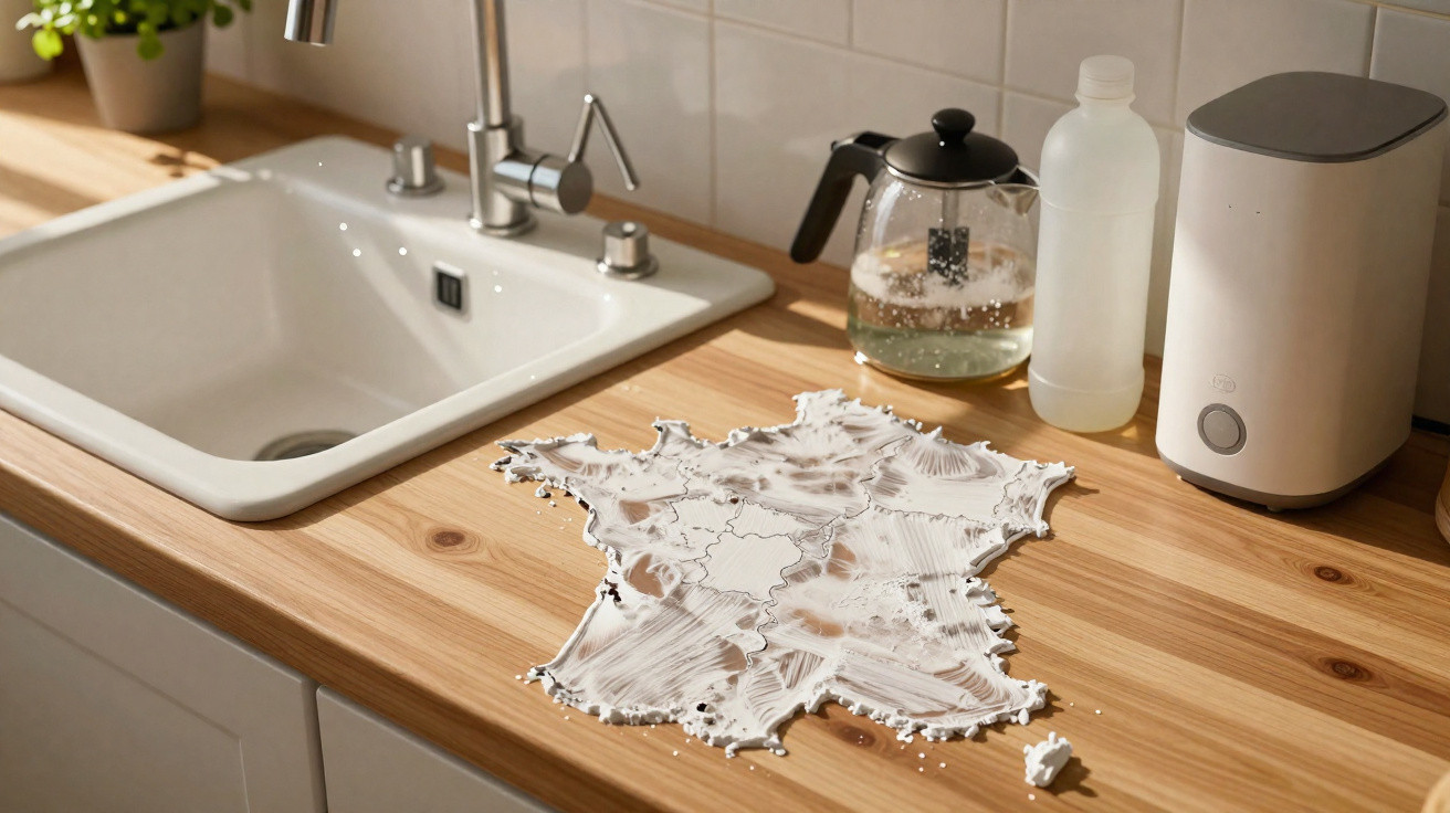 Pingo de leite derramado na bancada da cozinha em forma do mapa de França junto a pia e utensílios.