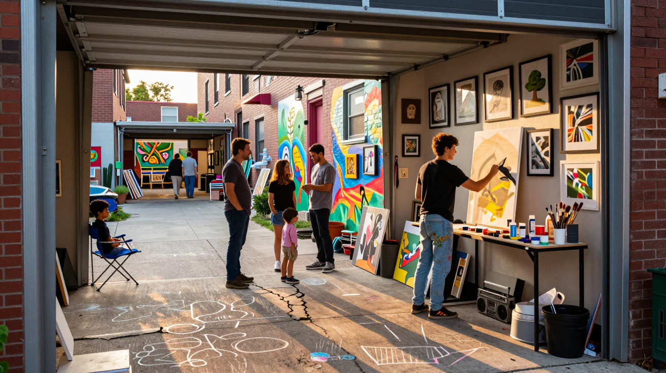 Pessoas a pintar e observar arte num espaço aberto com murais coloridos e desenhos no chão.