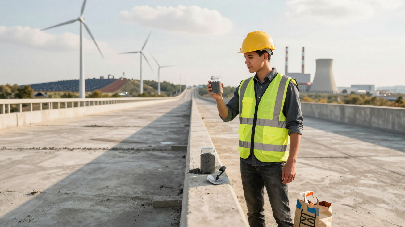 Engenheiro com capacete e colete refletor avalia amostra de solo em obra perto de turbinas eólicas e central termoelétrica.