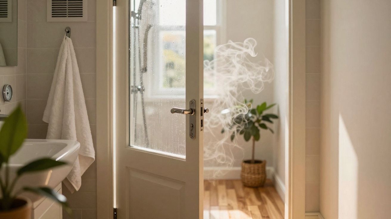 Porta de madeira entreaberta com vapor saindo, toalha branca pendurada e planta em vaso no chão de madeira.