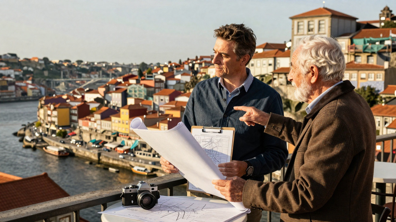 Dois homens com plantas na mão discutem projeto numa varanda com vista para rio e casas coloridas.