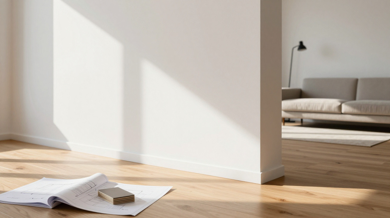 Interior minimalista com chão em madeira, plantas, plantas e sofá cinza iluminado pela luz natural.