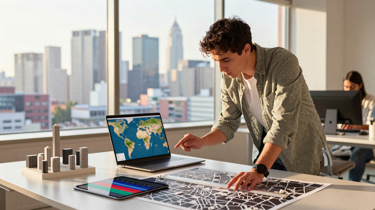 Homem consulta mapa sobre mesa com maquete de edifícios e computador portátil num escritório moderno.