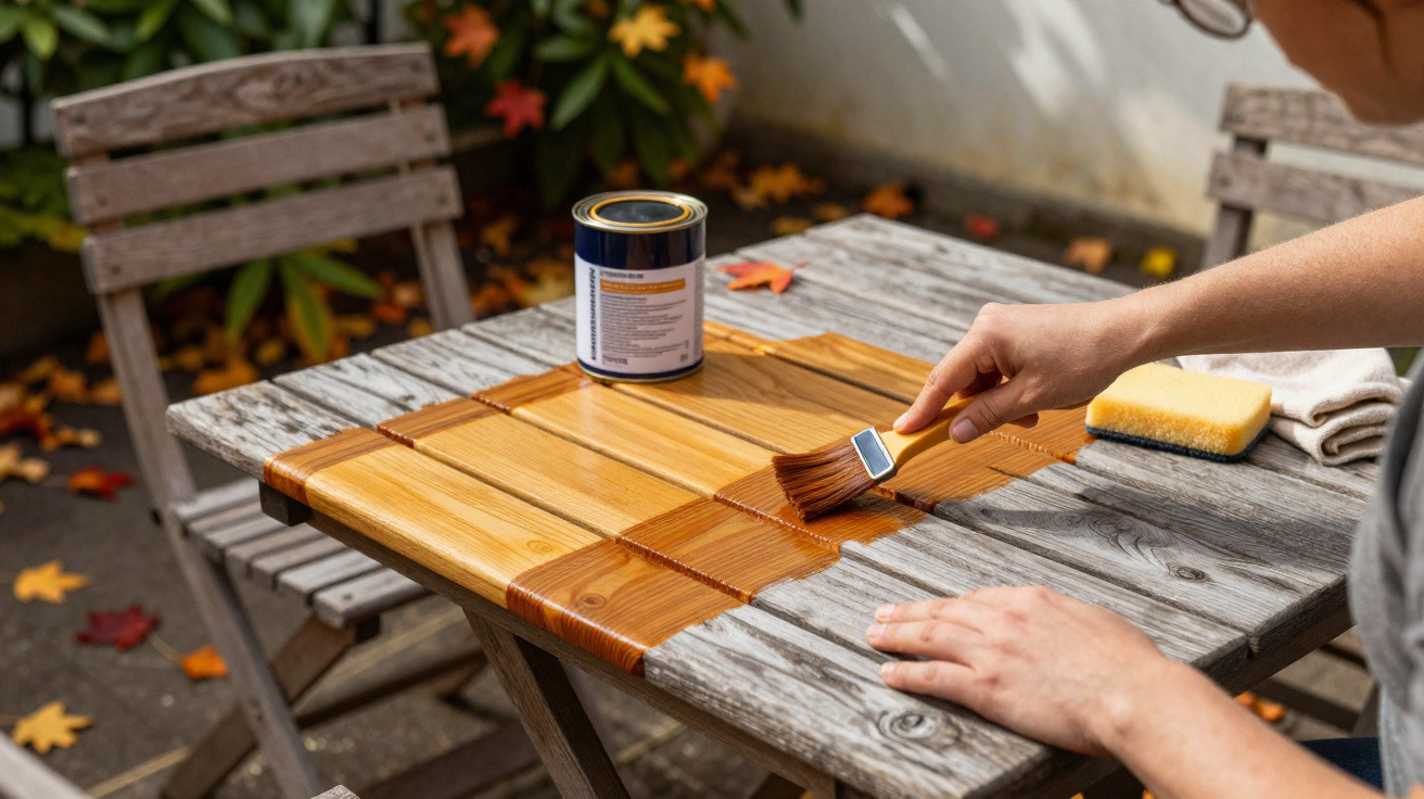 Pessoa a aplicar verniz a painel de madeira enquadrado em mesa e cadeira de jardim em madeira envelhecida.