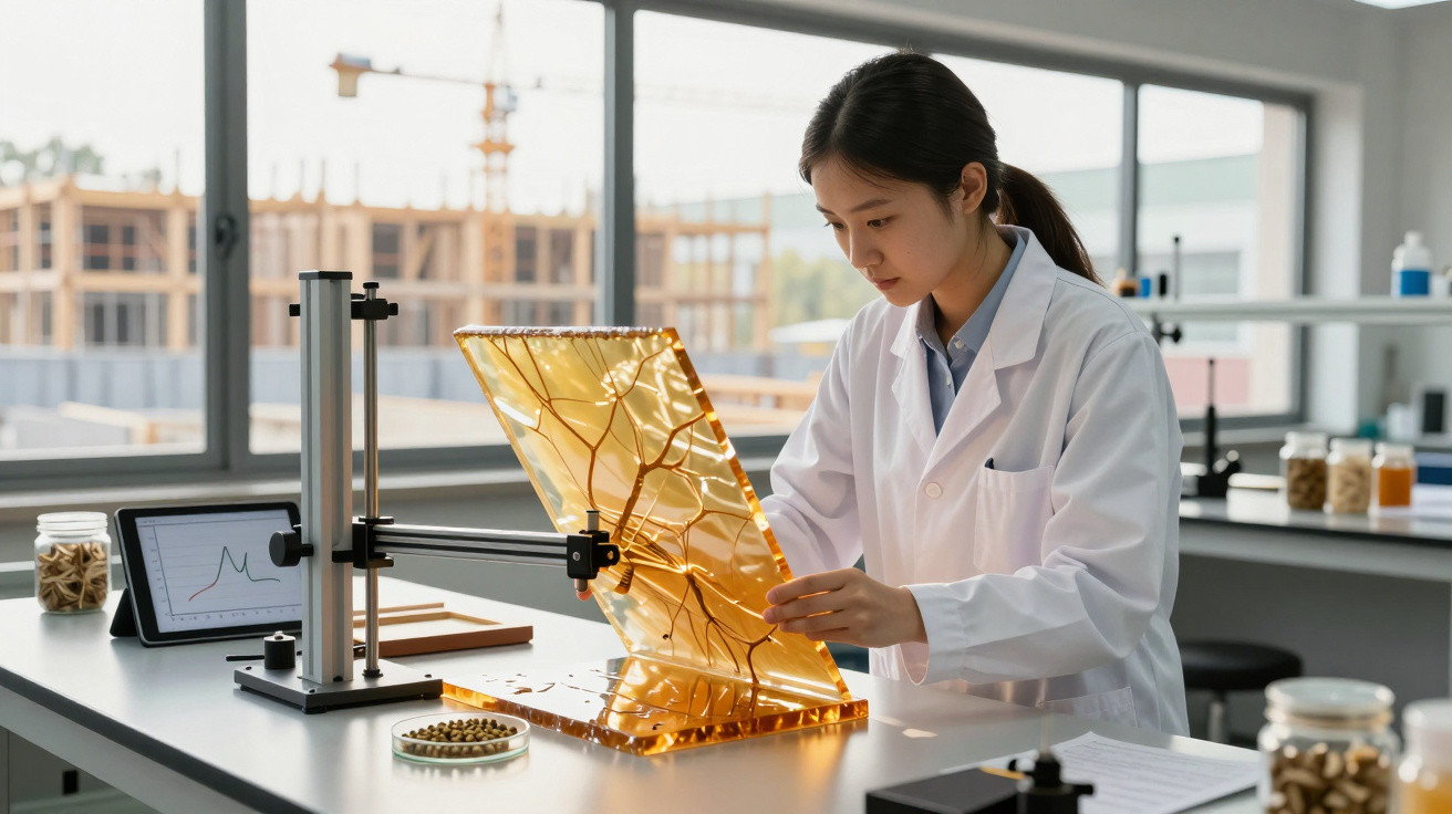 Mulher cientista em bata branca analisa amostra vegetal translúcida num laboratório moderno.