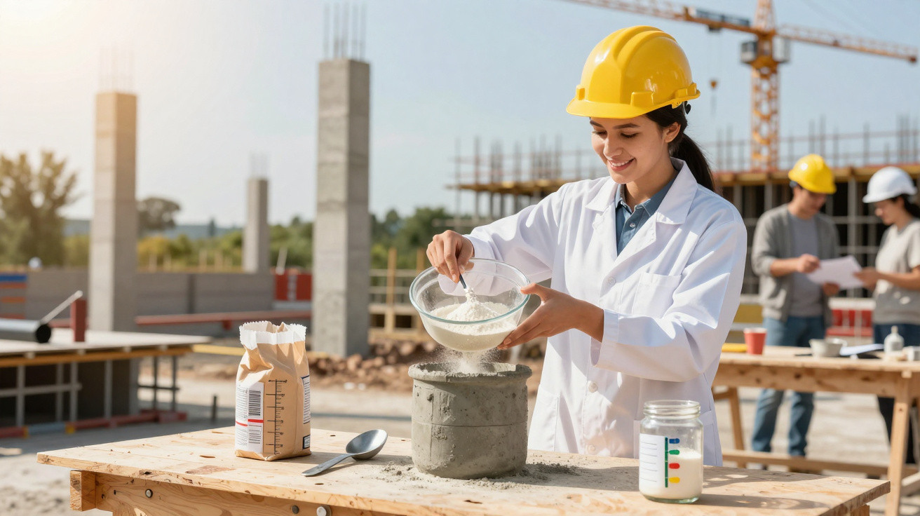 Mulher com capacete amarelo mistura materiais de construção numa obra ao ar livre em dia ensolarado.