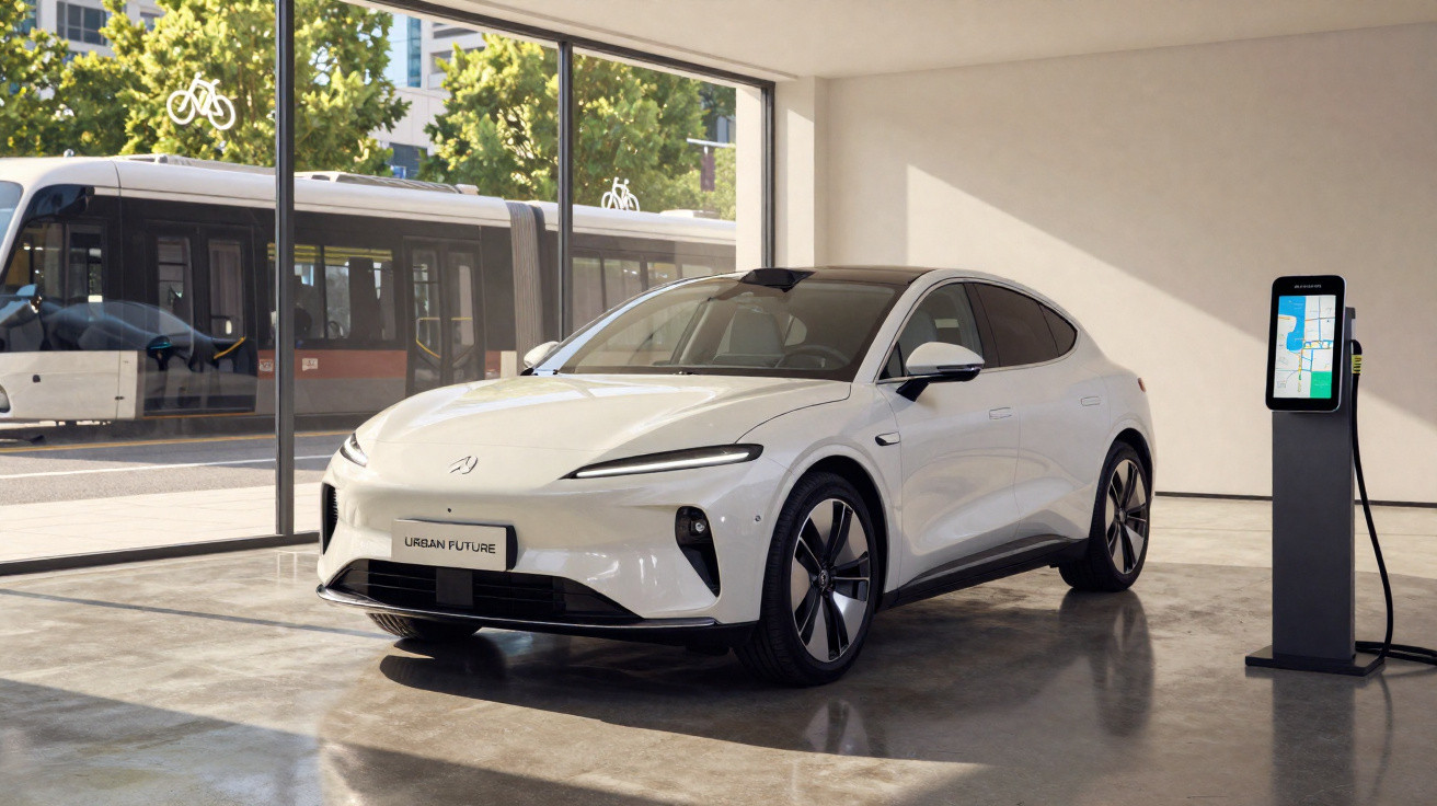 Carro elétrico branco estacionado numa garagem com carregador e janela grande a mostrar um autocarro.