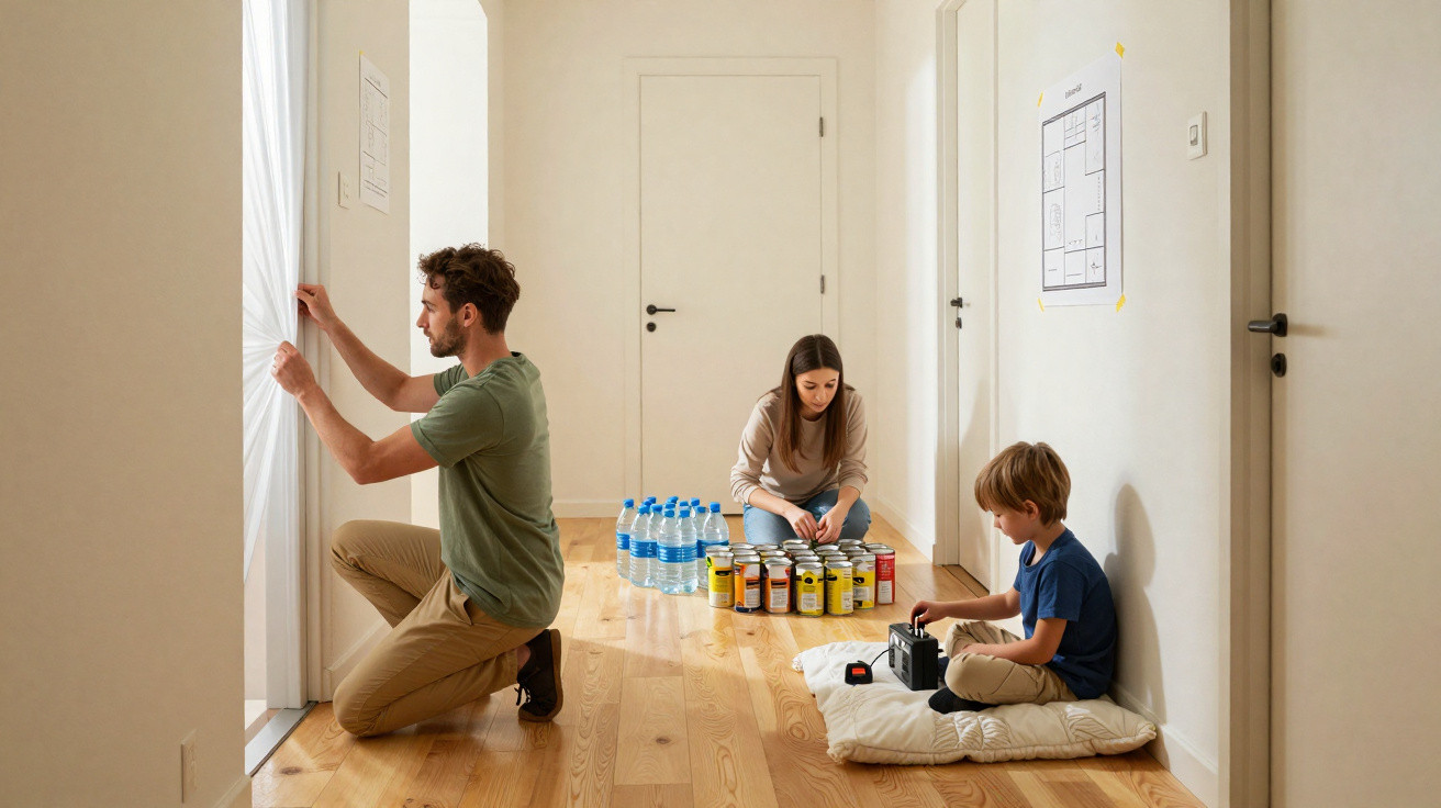 Família a preparar-se para emergência, com mantimentos e menino a usar piloto remoto num corredor em casa.