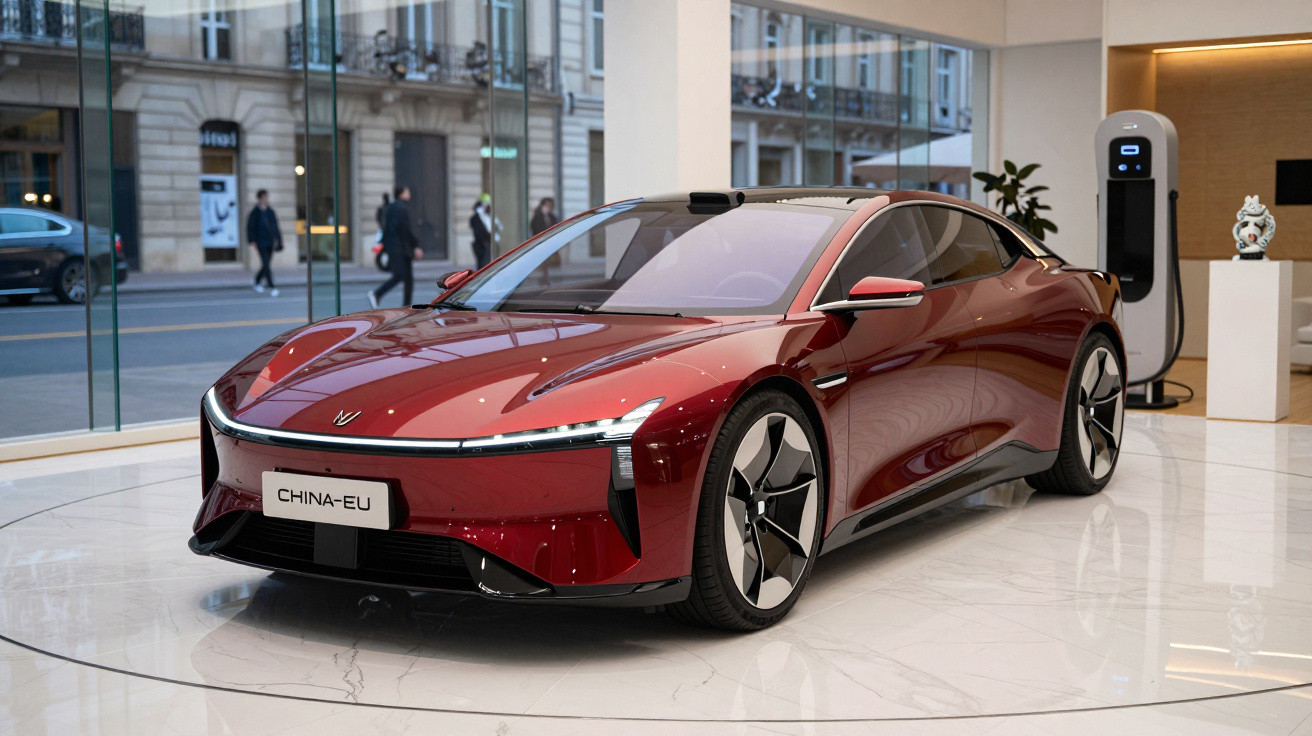 Carro elétrico desportivo vermelho exposto numa sala com chão de mármore e estação de carregamento ao fundo.