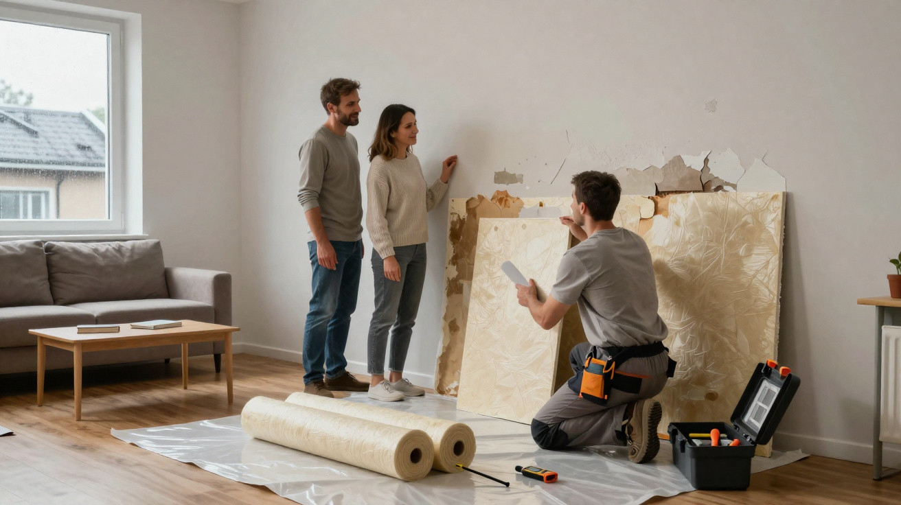 Casal consulta profissional de decoração sobre texturas para parede em sala com chão de madeira.