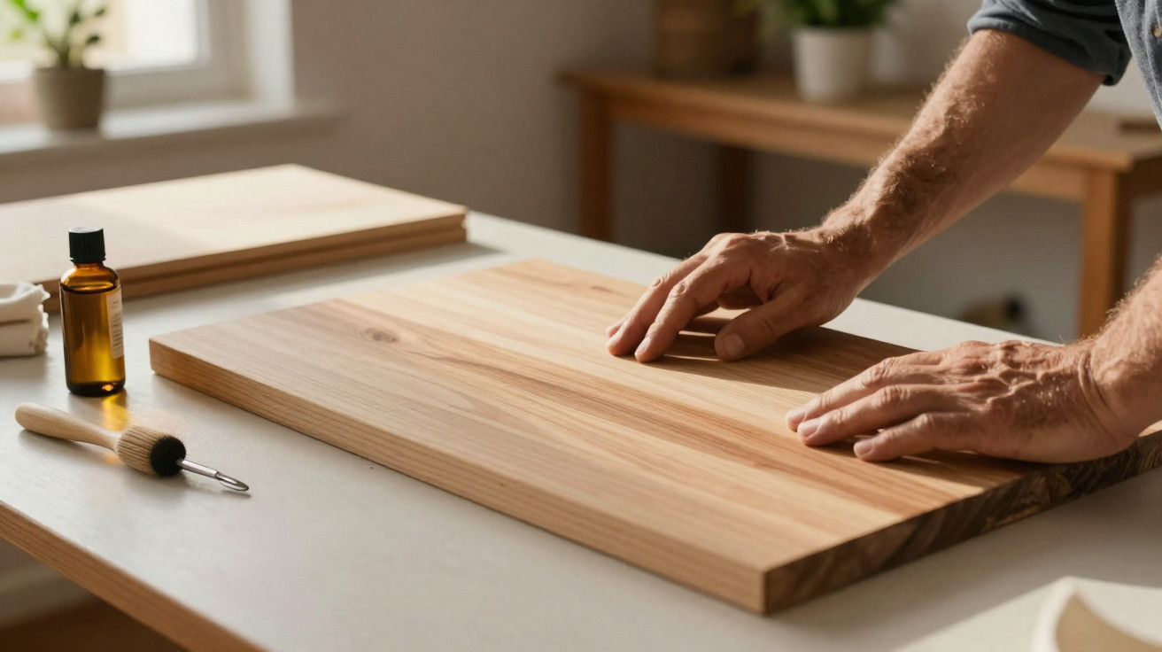 Mãos masculinas a examinar uma tábua de madeira sobre uma mesa com óleo e pincel ao lado.