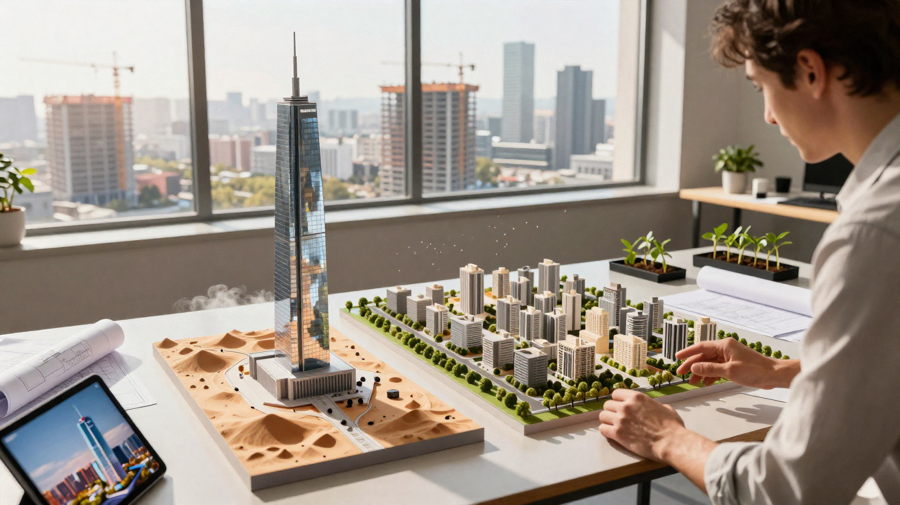 Arquiteto a analisar maquete de arranha-céus e conjunto urbano em escritório com janela grande e plantas.