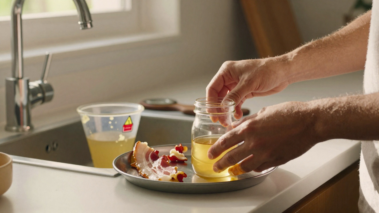 Mãos seguram um frasco com líquido amarelo numa bandeja com restos de comida ao lado de uma pia de cozinha.