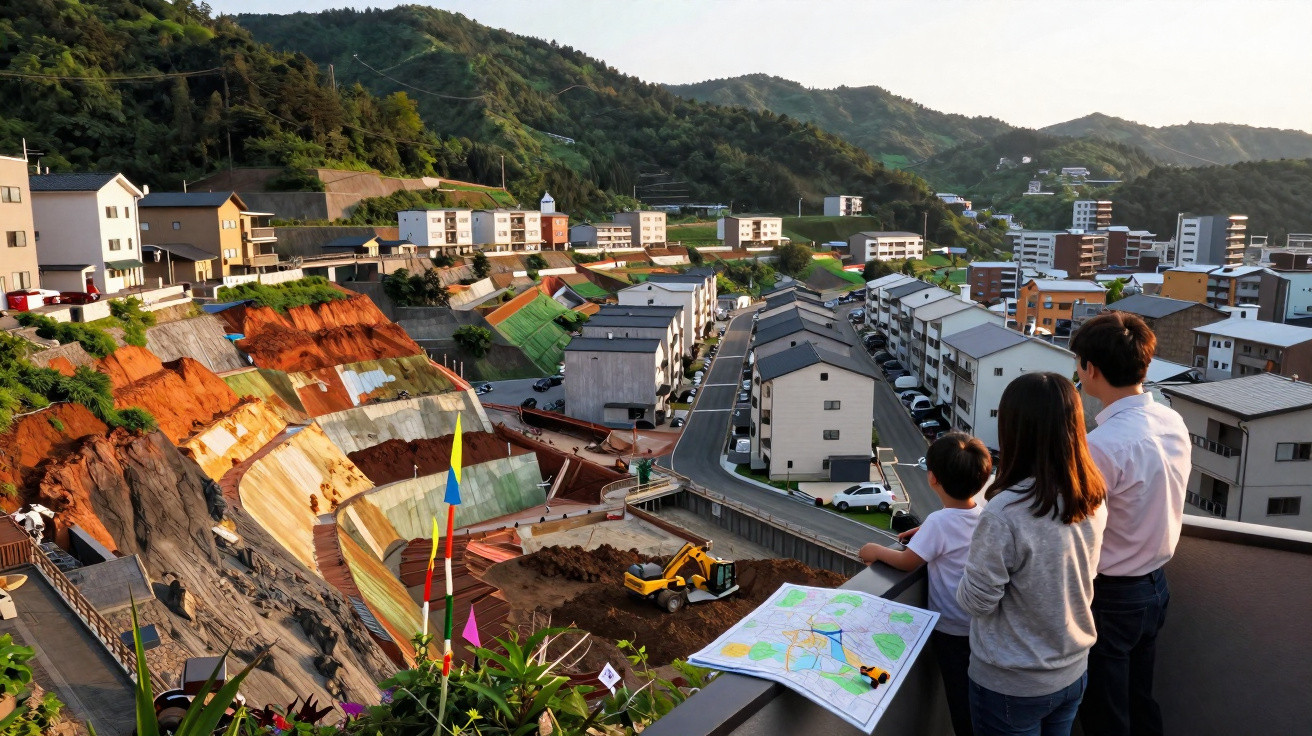 Família observa obra de construção em terreno inclinado numa área urbana com colinas ao fundo.