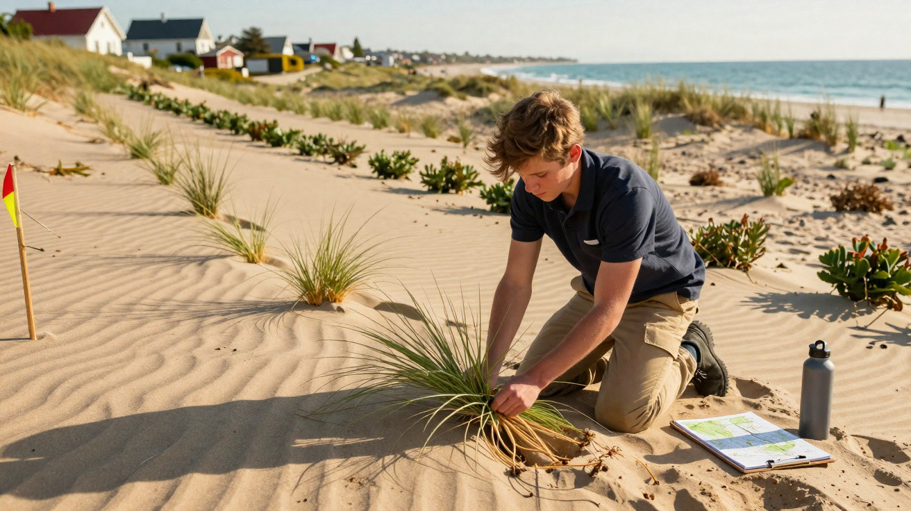 Jovem ajoelhado a estudar plantas numa área de dunas perto da praia em dia soalheiro.