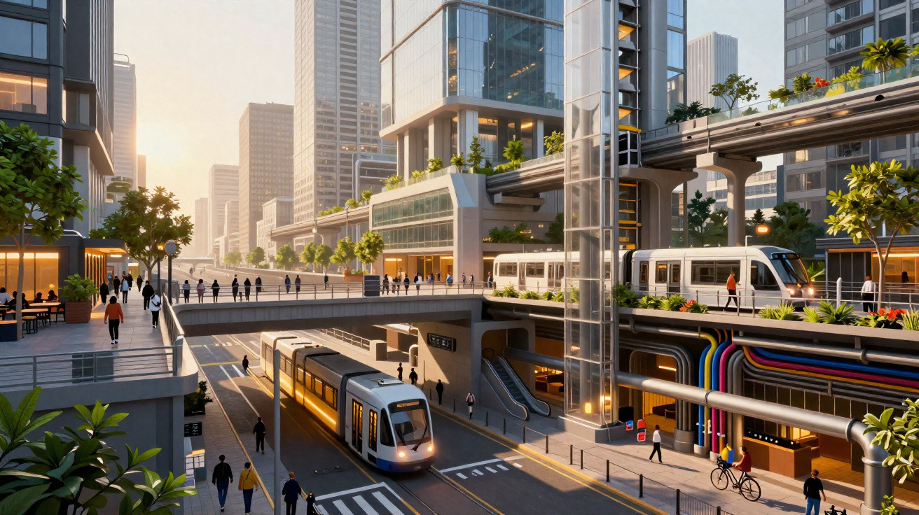 Cidade moderna com comboios elétricos, elevadores de vidro, ciclistas e pessoas a circular pela rua.