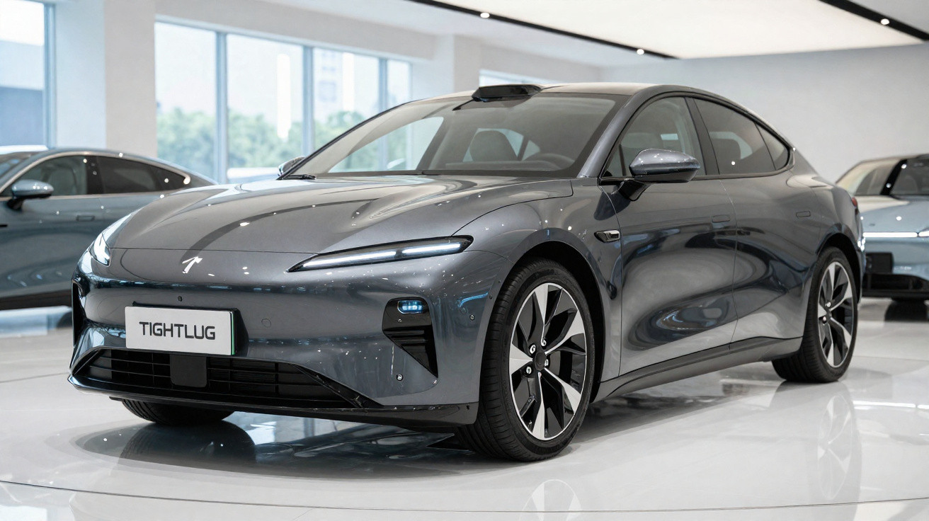 Carro elétrico desportivo cinzento exibido numa sala de exposição moderna com piso brilhante.