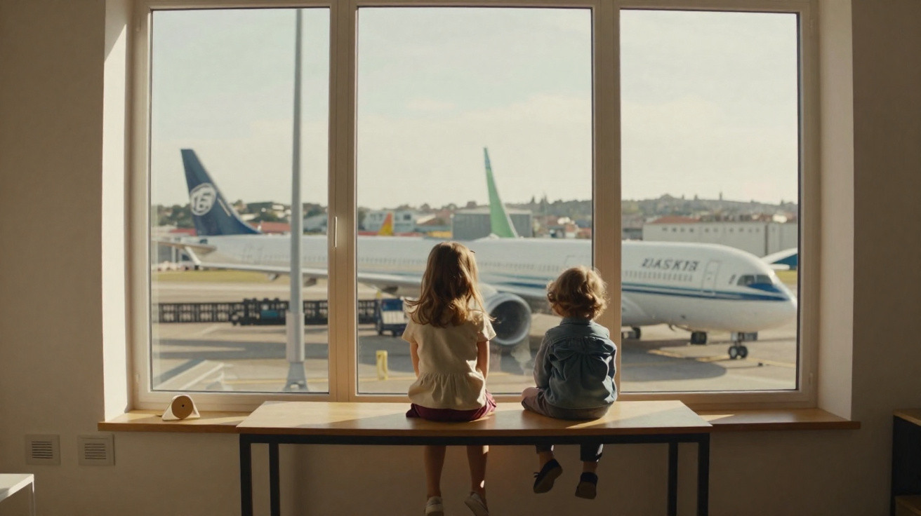 Duas crianças sentadas numa mesa a olhar para um avião estacionado junto a um grande vidro num aeroporto.