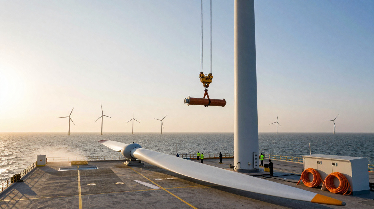 Equipa técnica trabalha na instalação de uma turbina eólica offshore num dia claro com várias turbinas ao fundo no mar.