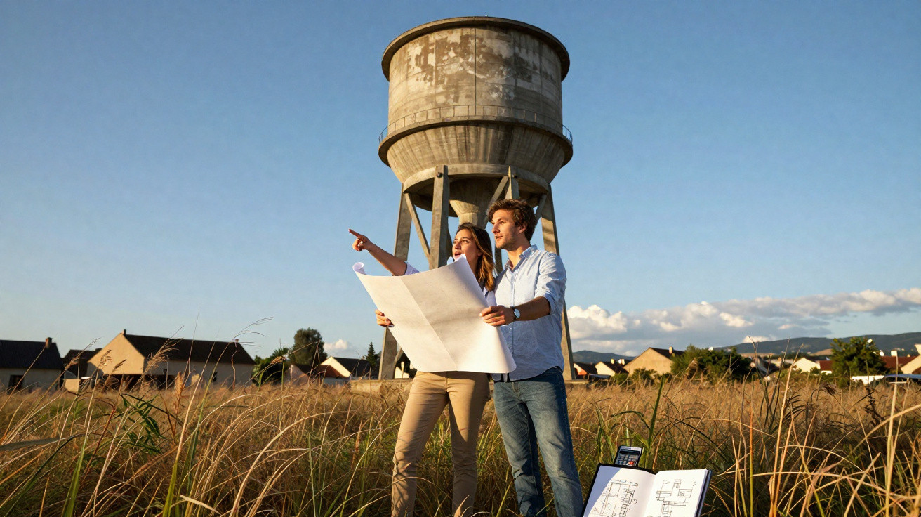 Casal jovem a analisar plantas arquitetónicas em campo com torre de água e casas ao fundo ao entardecer.