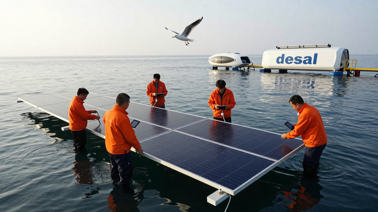 Cinco homens com casacos laranja instalam painéis solares flutuantes no mar perto de equipamento da empresa desal.