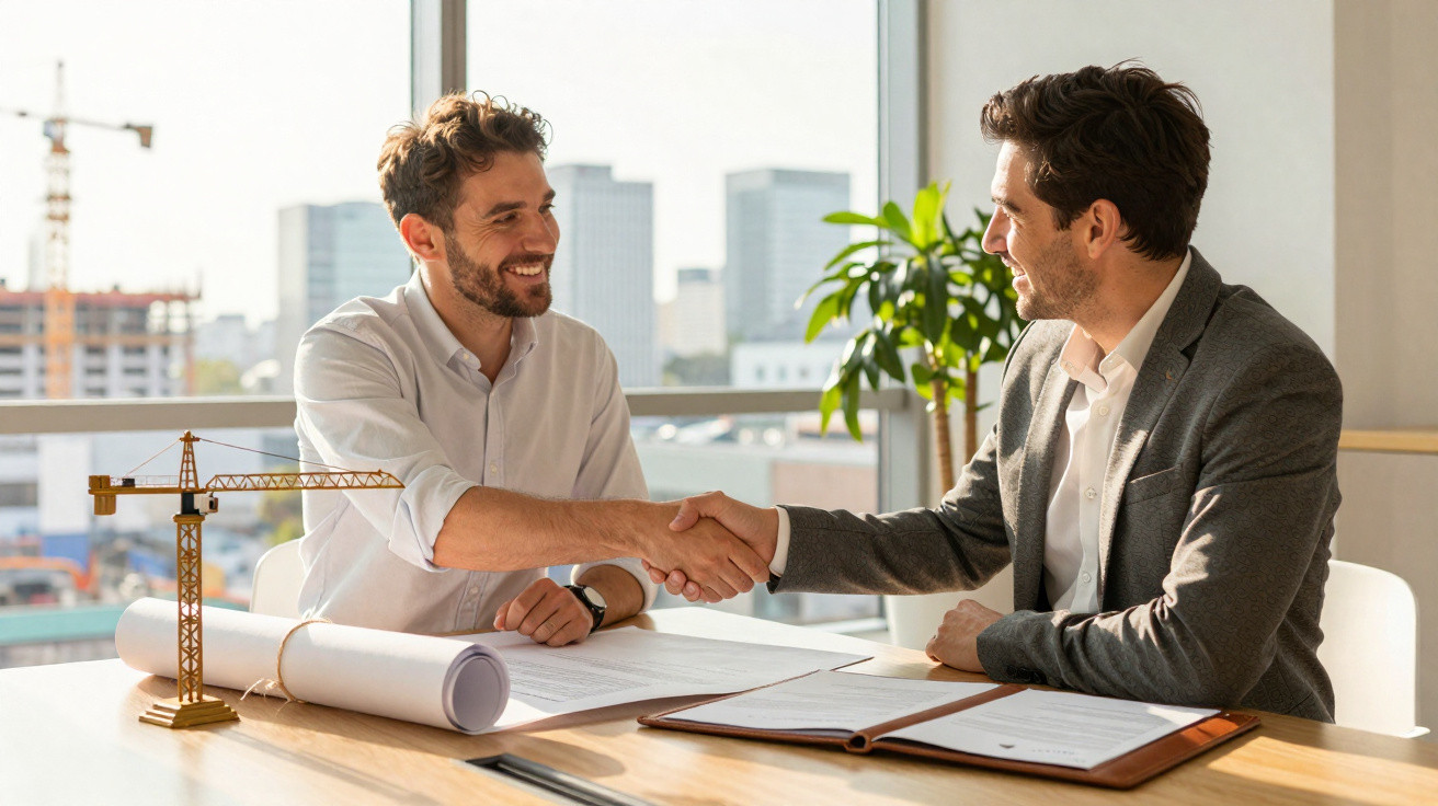 Dois homens apertam as mãos numa reunião de negócios com plantas e modelos de construção na mesa.