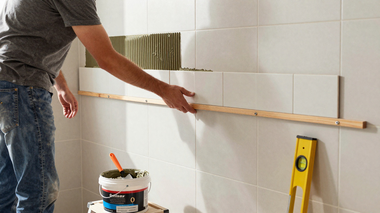 Homem a instalar azulejos brancos numa parede com uma régua de madeira para alinhamento.