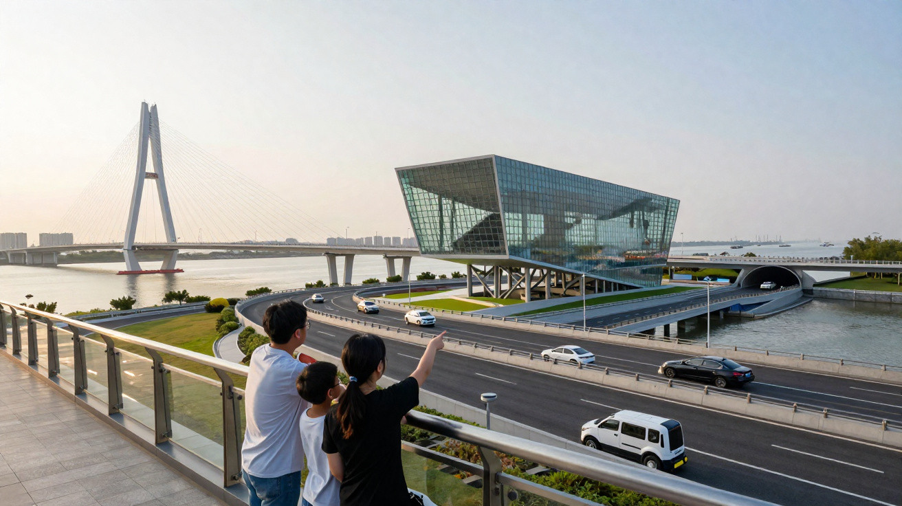 Família observa moderna ponte suspensa e prédio futurista de vidro junto a estrada e rio ao pôr do sol.