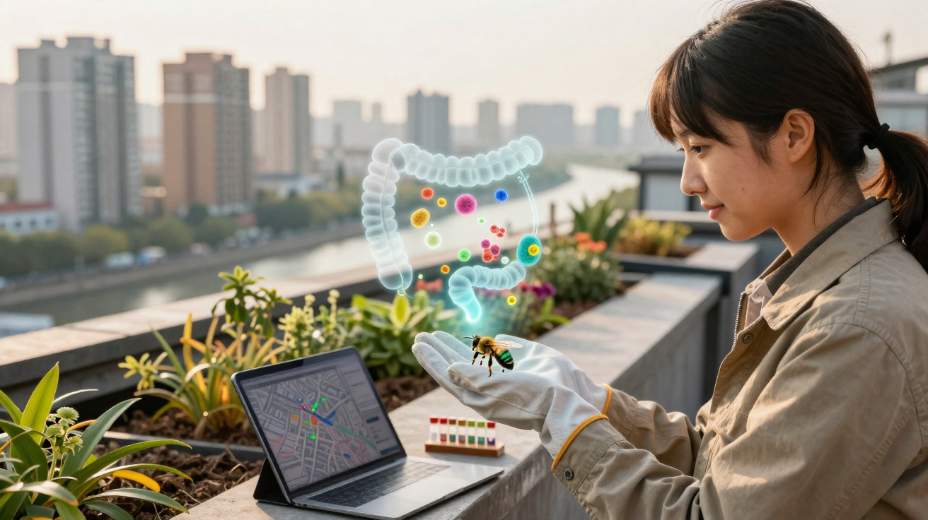 Mulher a estudar microbioma intestinal com holograma sobre mão, junto a laptop e plantas numa varanda urbana.
