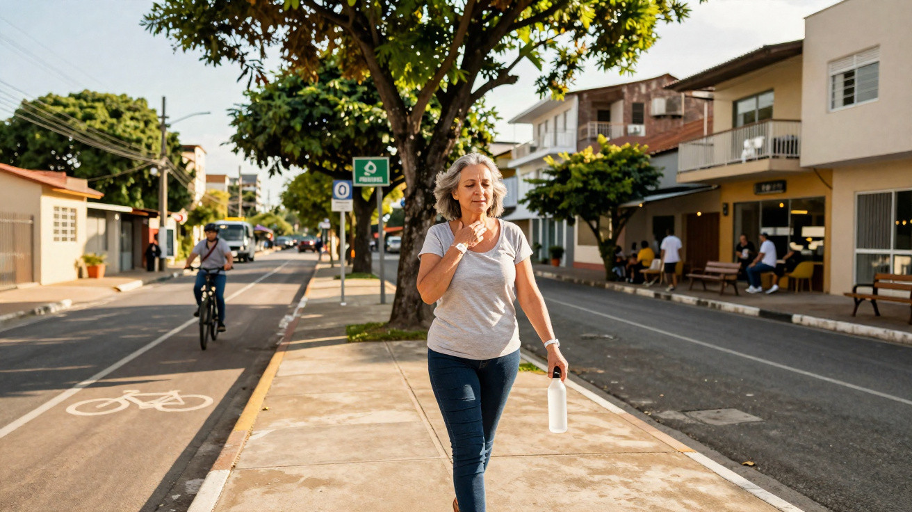 Mulher de cabelo grisalho a caminhar numa calçada urbana ensolarada, segurando uma garrafa de água.