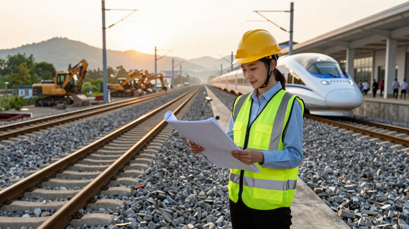 Engenheira de segurança a consultar plantas junto a linha ferroviária com comboio de alta velocidade parado.