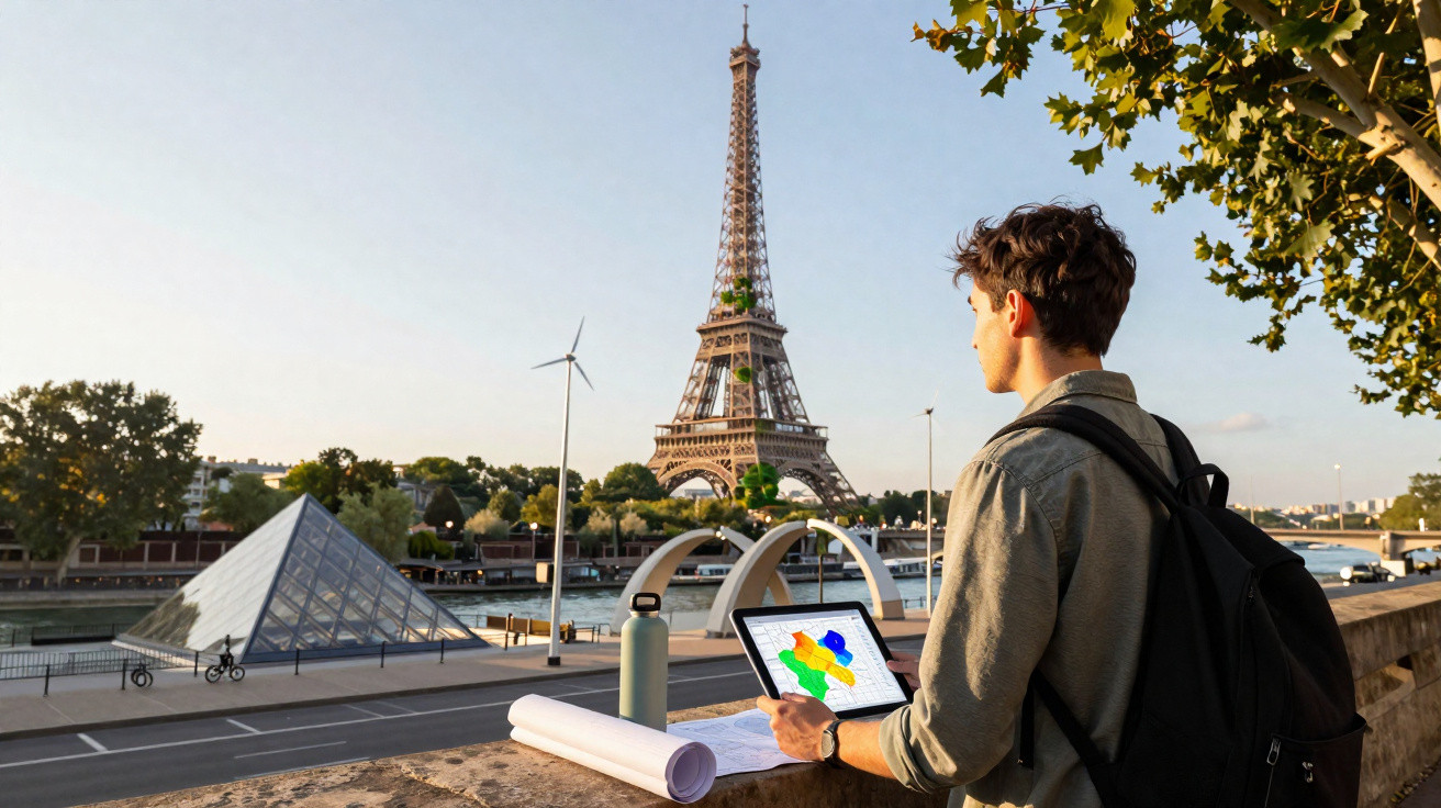 Homem com mochila, tablet e plantas observa a Torre Eiffel, com o Louvre ao fundo, numa manhã ensolarada.