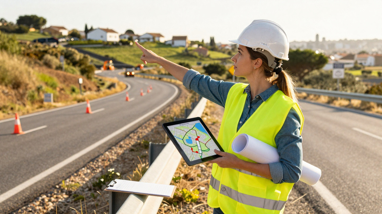Engenheira com capacete e colete refletor aponta para estrada em construção, segurando planta e tablet com mapa.