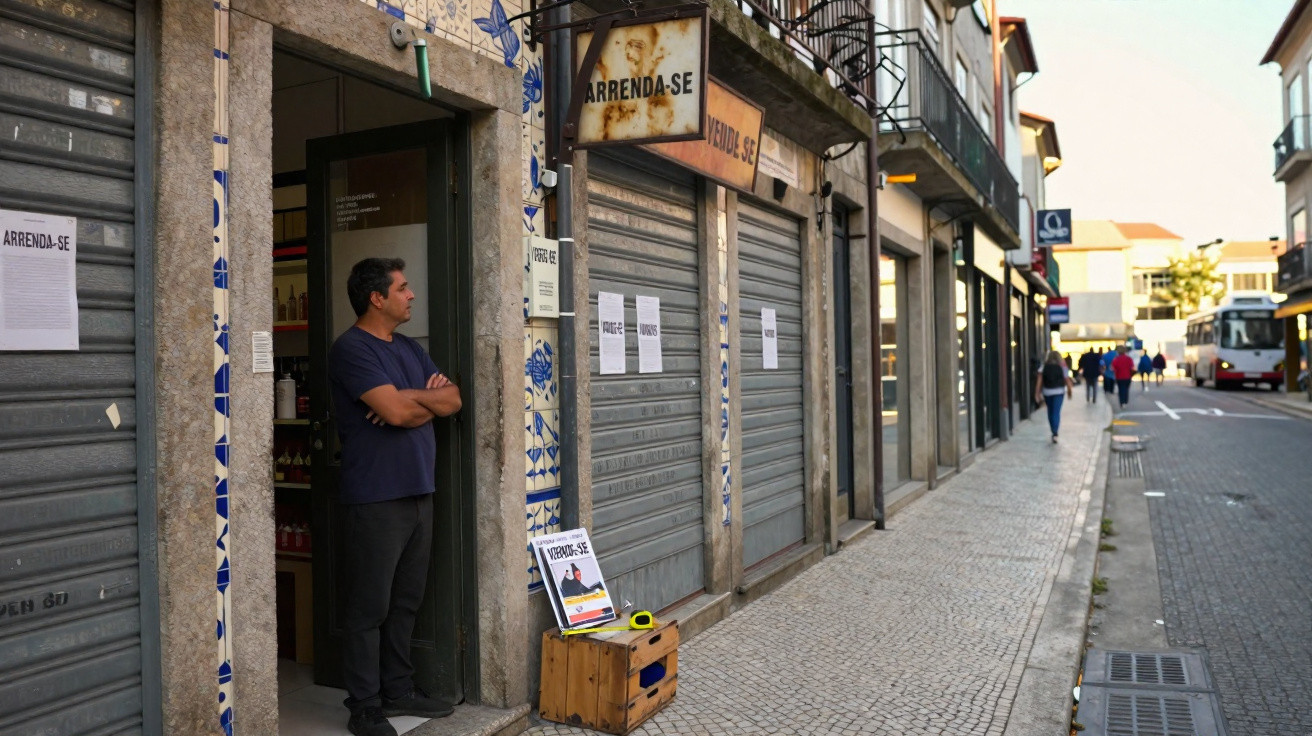 Homem encostado na porta de loja fechada na calçada de rua com placas de arrenda-se e vende-se.