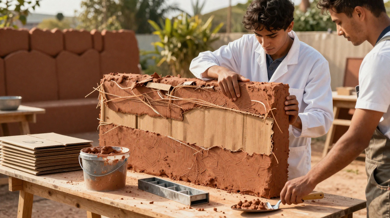 Dois jovens constroem uma parede de barro e palha ao ar livre numa mesa de trabalho.
