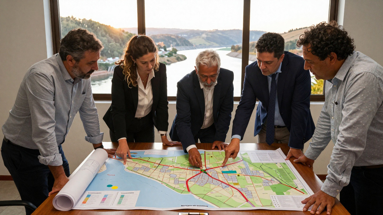 Cinco pessoas em reunião analisam mapa urbano detalhado numa sala com vista para rio e colinas.
