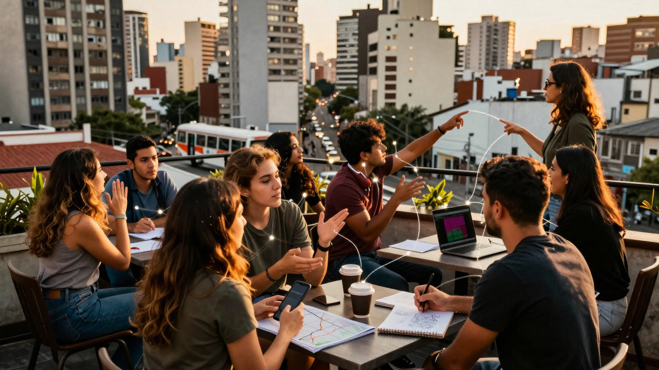 Grupo de jovens estudantes reunidos ao ar livre numa mesa, a discutir trabalhos com vista urbana ao fundo.