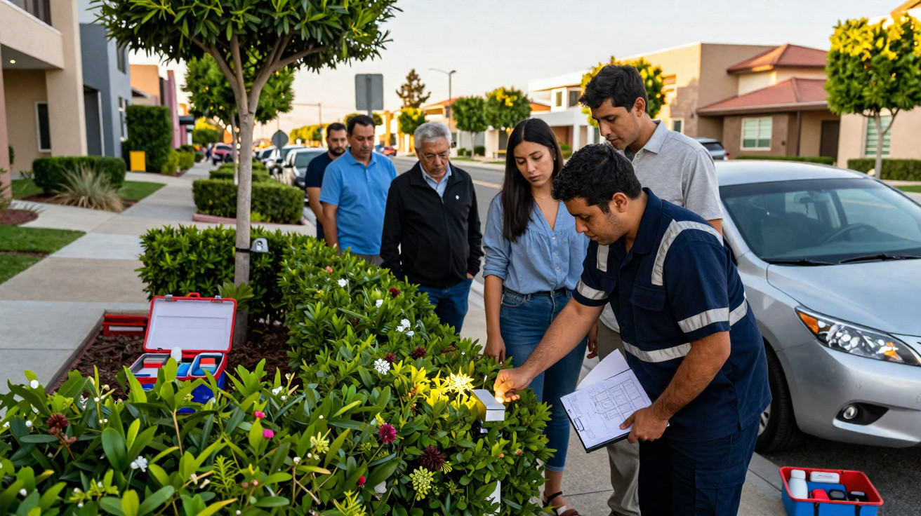 Técnico a inspecionar plantas num bairro residencial enquanto quatro pessoas observam atrás dele na calçada.