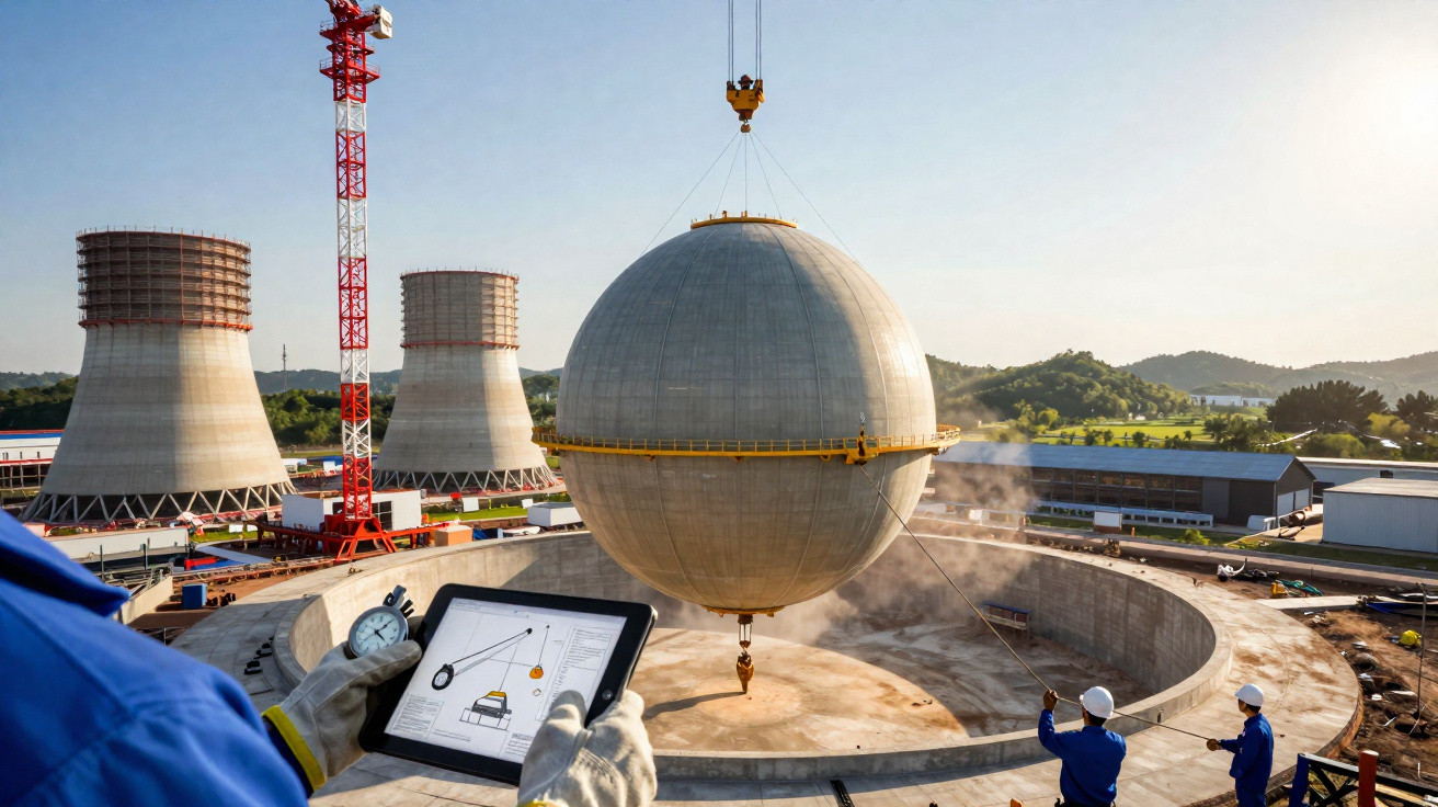 Trabalhadores na construção de uma central industrial com esfera gigante suspensa por grua e torres de refrigeração ao fundo.