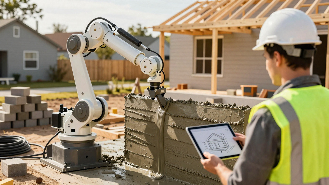 Robô a construir parede de cimento numa obra enquanto trabalhador vê planta numa tablet.