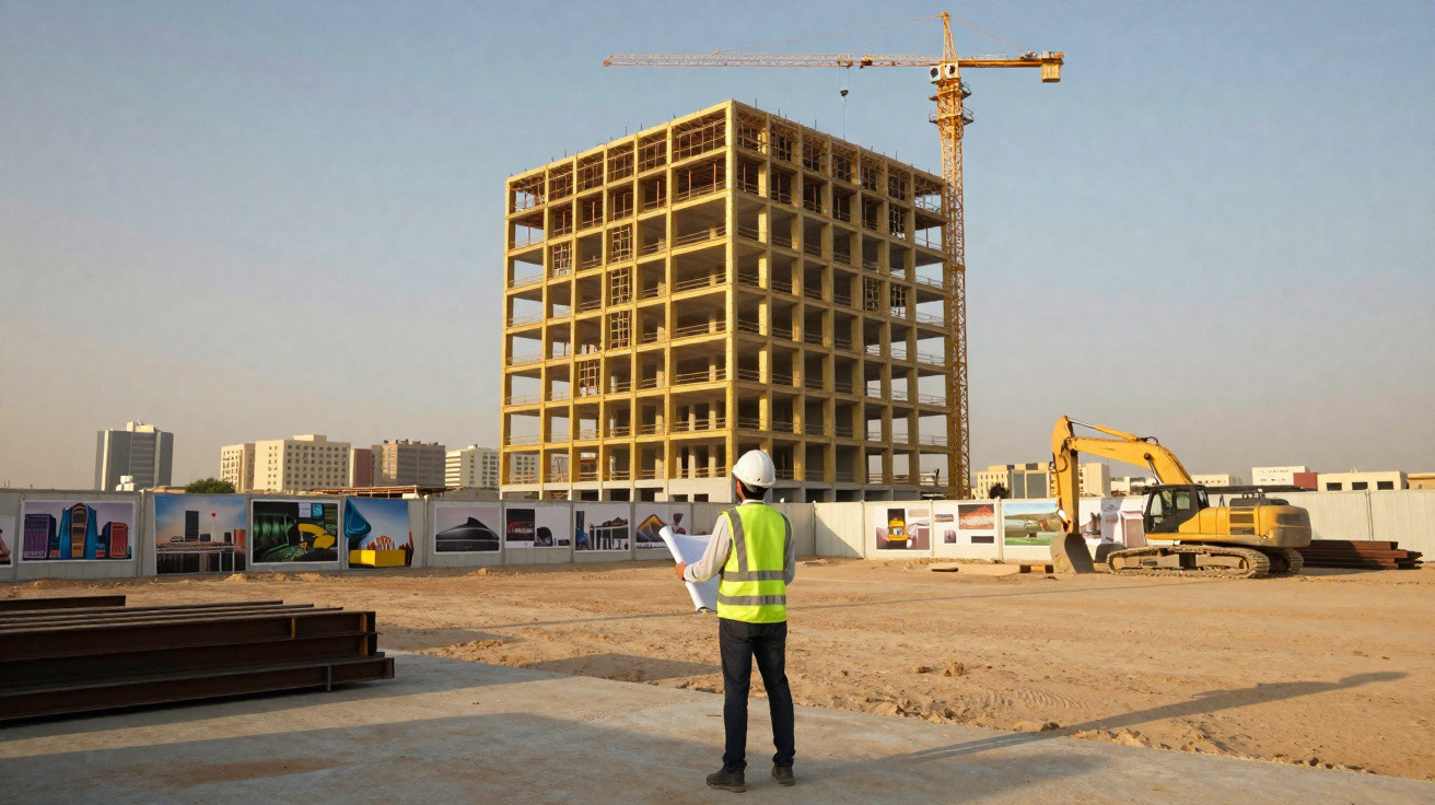 Engenheiro de construção com capacete e colete reflete em obra com prédio inacabado e grua ao fundo.