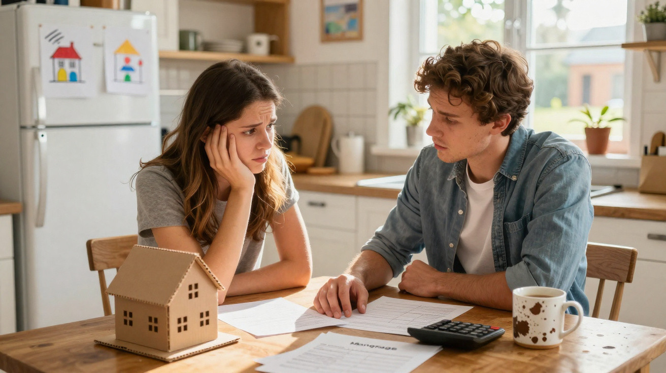 Casal preocupado em discussão na cozinha, com documentos, calculadora e maquete de casa sobre a mesa.