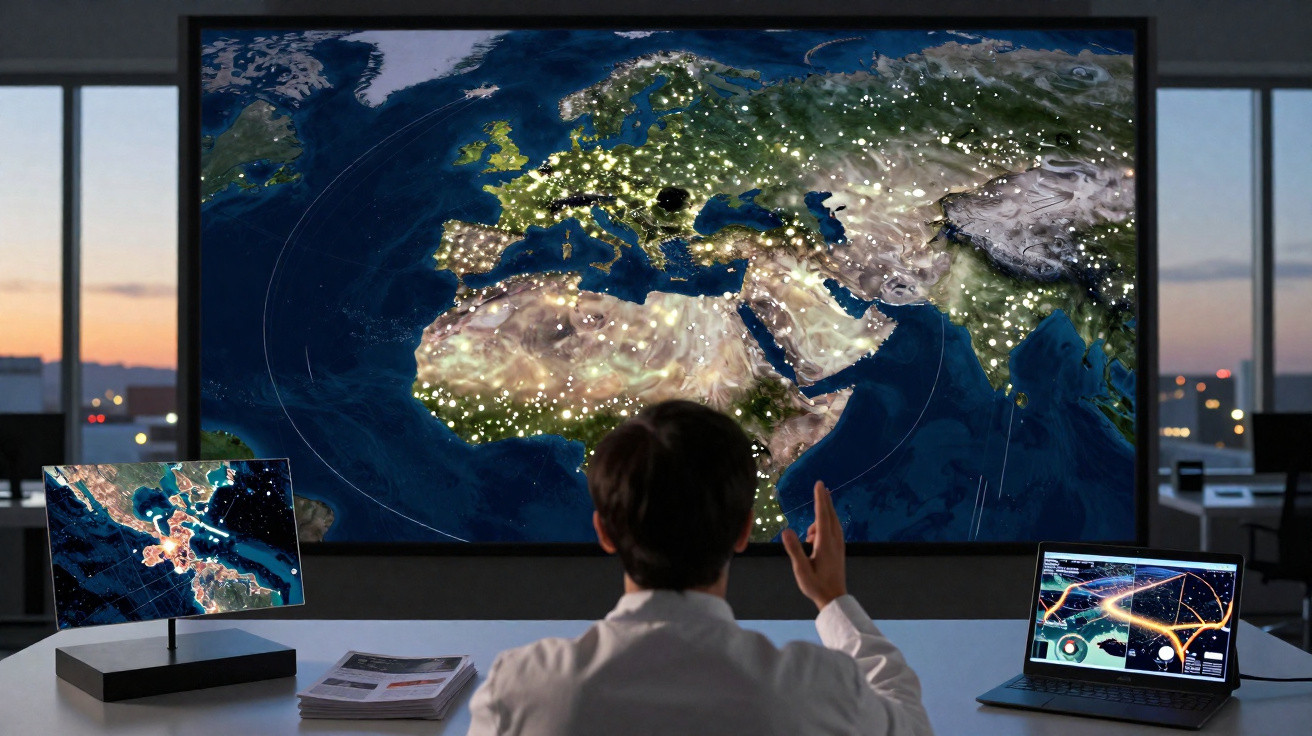 Pessoa a olhar um grande ecrã com mapa do mundo e pontos luminosos, num ambiente de escritório moderno.