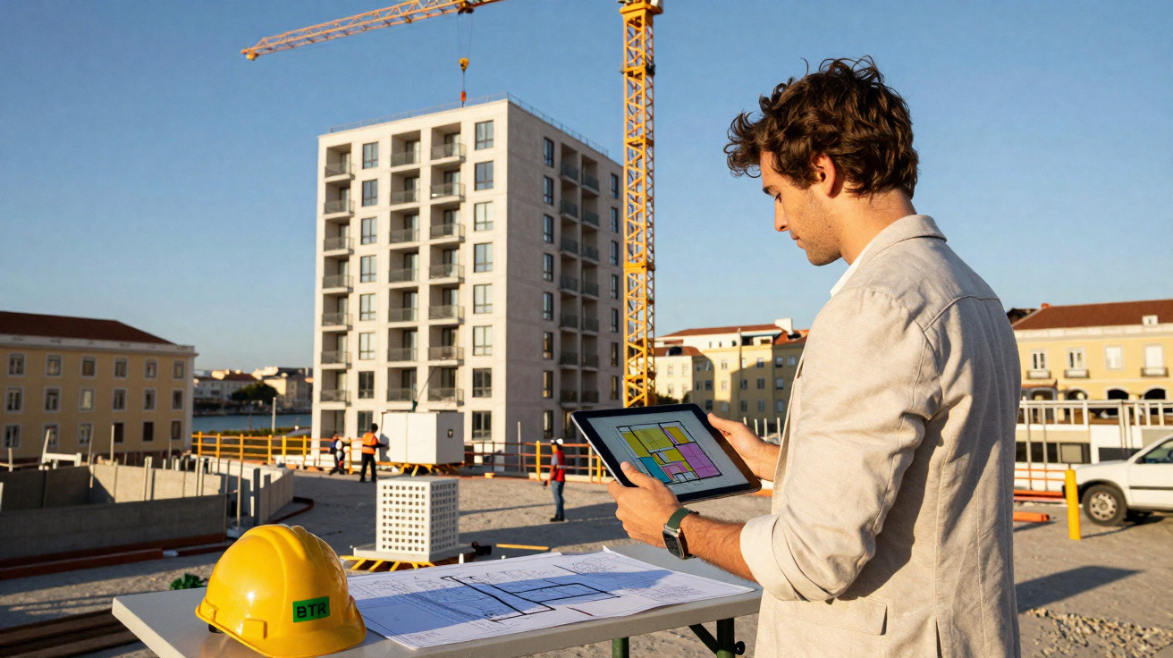 Homem a consultar planta num tablet com obra de edifício em construção ao fundo.