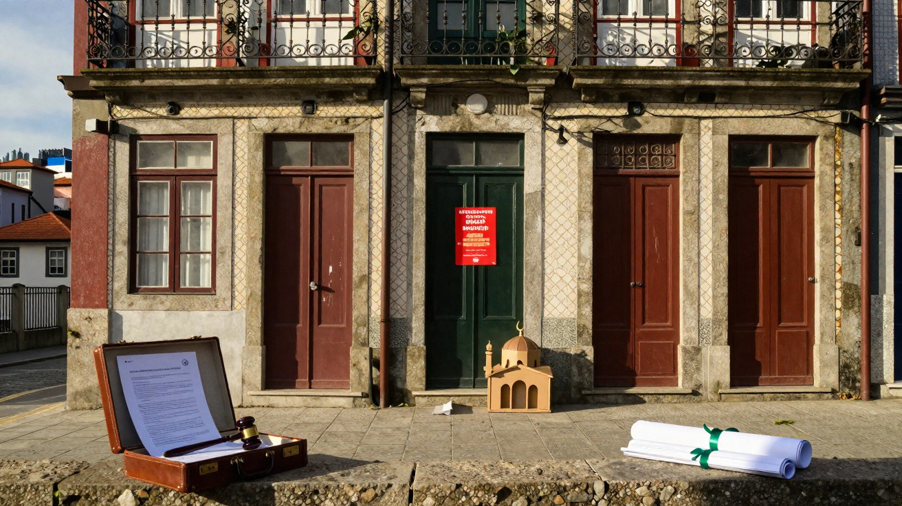 Fachada de prédio com portas e varandas, mala aberta com documentos e desenhos enrolados na calçada.