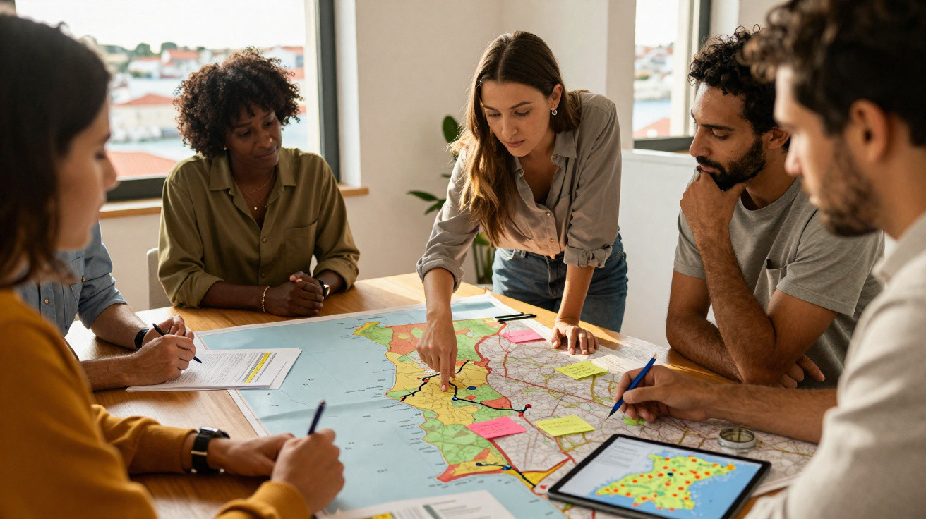 Grupo diversificado de pessoas a analisar mapas em mesa durante reunião de planejamento.