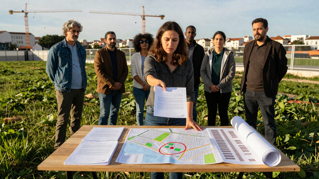 Grupo de pessoas numa área verde com planta urbana e documentos sobre mesa, expressando preocupação.