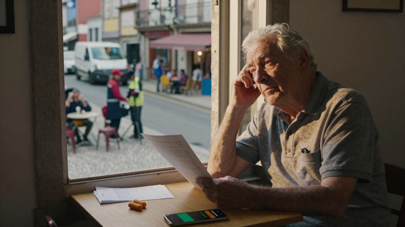 Homem idoso sentado junto a janela, a ler um documento, com telemóvel e comprimidos na mesa.